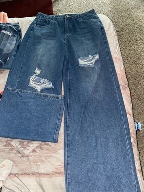 Fashion Nova Women's Dark Blue Distressed Wide Leg Jeans